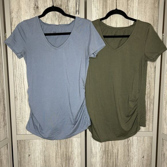 Lot of 2 Pact T Shirts Organic Cotton Small Cinched Short Sleeves Blue and Green - Picture 1 of 5